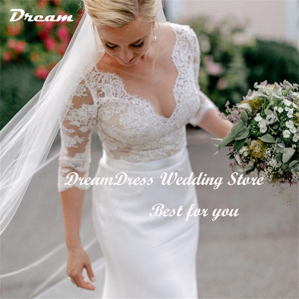 Traum klassische Spandex Spitze Meerjungfrau Brautkleider Frauen Dreiviertel V-Ausschnitt Brautkleider Sweep Zug Vestidos Novias Boda