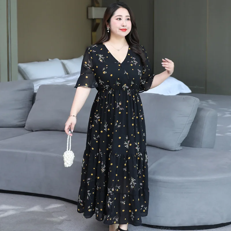 

Plus Size 155Kg Women's Summer Printed Pleated Dress Bust 154cm 6XL 7XL 8XL Loose Short-Sleeved Puff Sleeve Large Dress