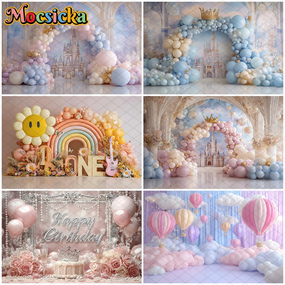 

Mocsicka Happy Birthday Photography Background Kid Baby Shower Photo Backdrop Balloon Castle Cake Decoration Studio Party Banner