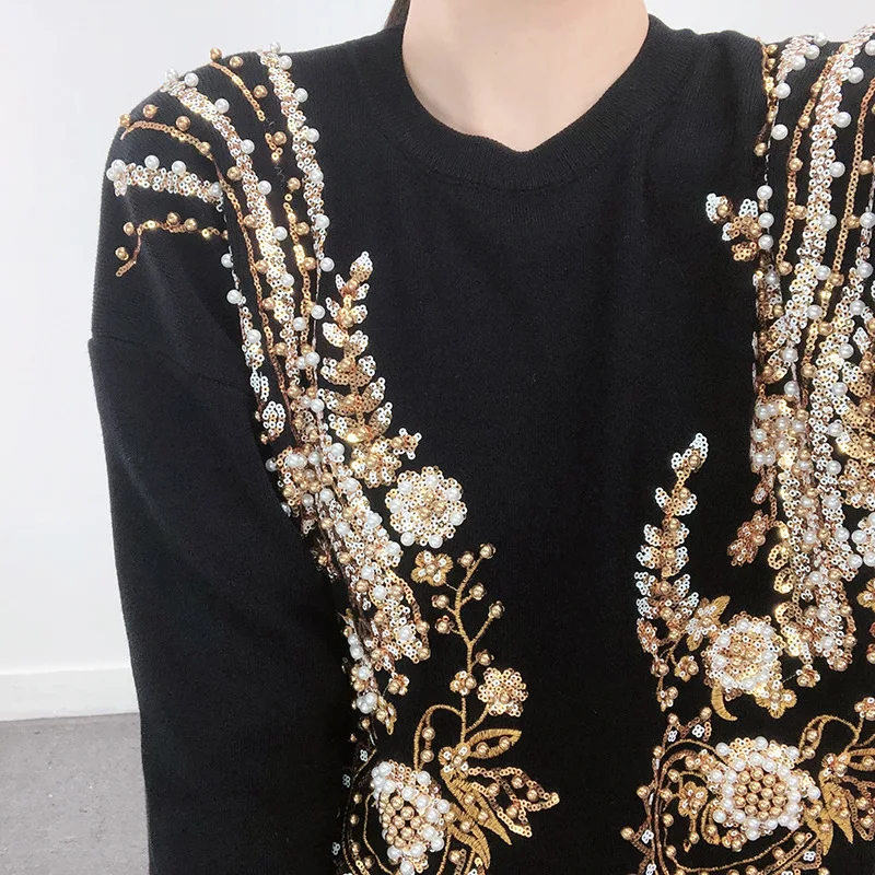 

A Women's Sequins Beads Casual Harajuku Knitted Sweater Female Simple O Neck Long Sleeve Loose Pullover Tops Y2K Jumpers