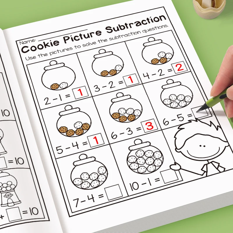 32-Page Interactive Math Learning Workbook with Addition & Subtraction Worksheets, Crossword Puzzles, Colorful Math Activities