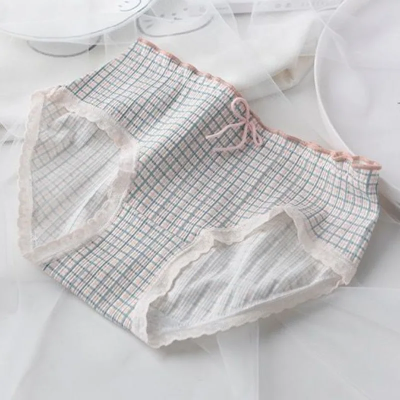 5 Pcs Female Underwear for Women Lace Plaid Panties Korean Mid Rise Pack Set Lingerie Schoolgirl 2024 Cute Bow Summer Briefs New