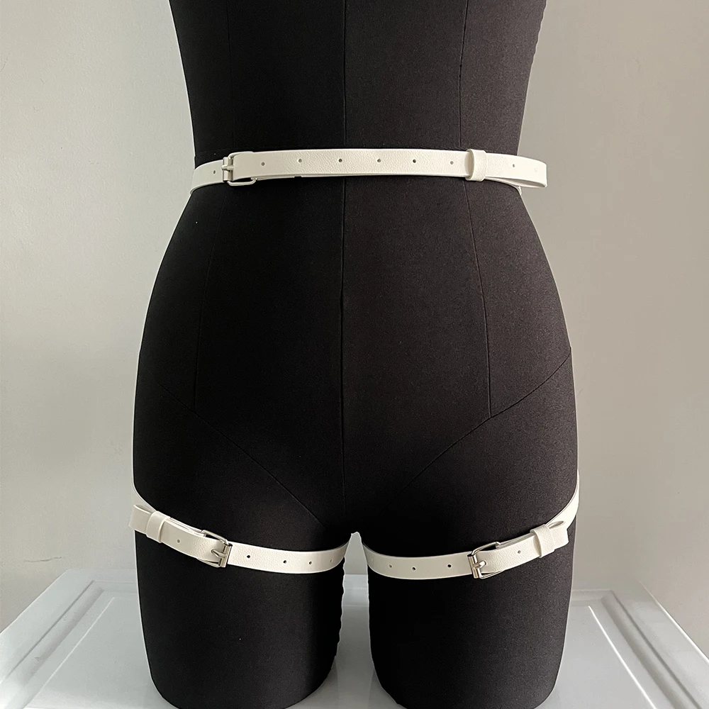 White Garter Belt Bow Thigh Garter Leather Lingerie Body Harness Bondage Suspender Sexy Harness Women Fetish Rave Accessories