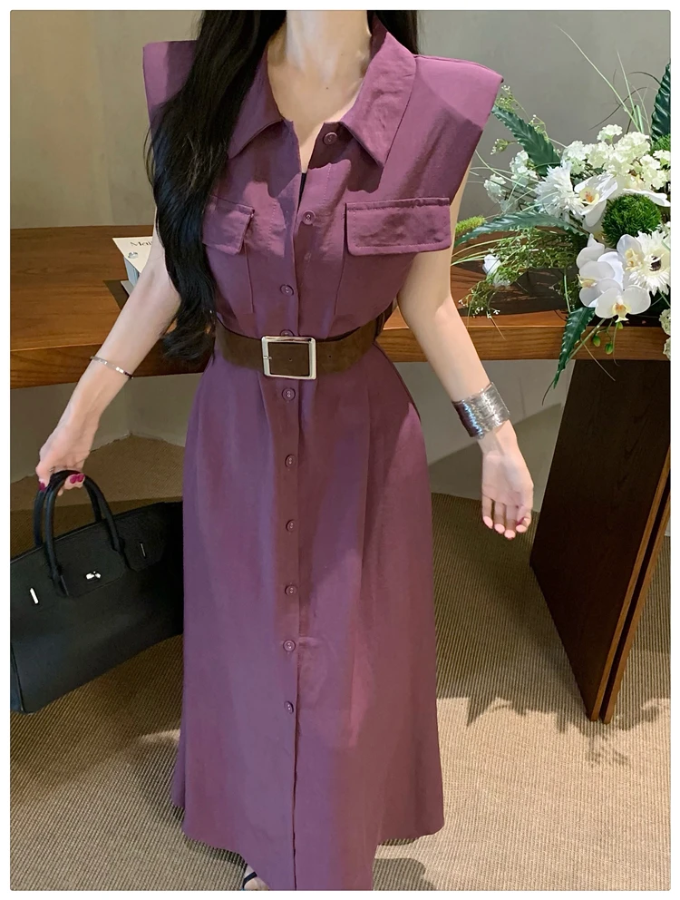 2025 Korean Style Turn-down Collar Single-breasted Sleeveless Long Purple Shirt Dress with Belt Women Elegant Fashion Summer New
