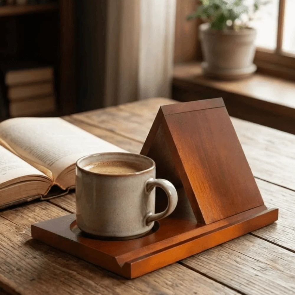 Minimalist 2 in 1 Triangle Wooden Book Holder Sturdy Decorative Reading Stand Simple with Cup Holder Magazine Rack Bookstore