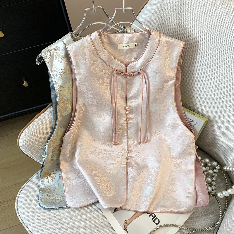 

Новая китайская модная куртка-жилет в национальном стиле с пуговицами, круглым вырезом, вышивкой и сложным цветочным узором