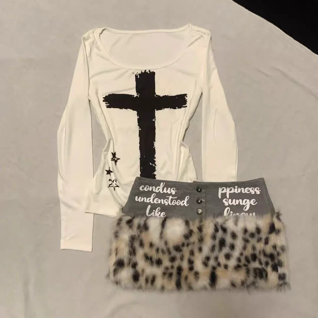 European and American style sexy cross print long sleeved plush leopard print spicy girl short skirt top Gothic Y2K Harajuku