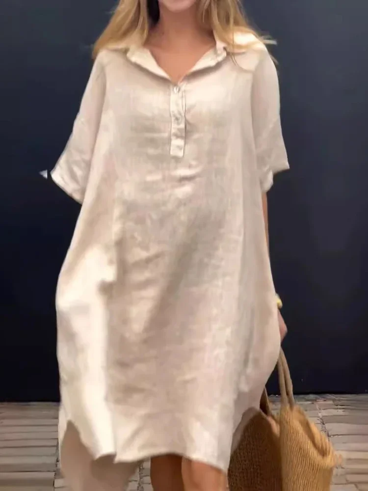 2024 ฤดูร้อนแฟชั่นผู้หญิงผ้าฝ้ายและกัญชาElegantความยาวกลางชุดพลิกคอครึ่งเปิดสบายๆหลวมชุดสตรี