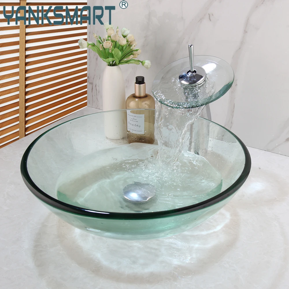 

Набор смесителей для ванной комнаты YANKSMART, кран из закаленного стекла для раковины, водопад, латунь, ручная роспись, комбинированный комплект