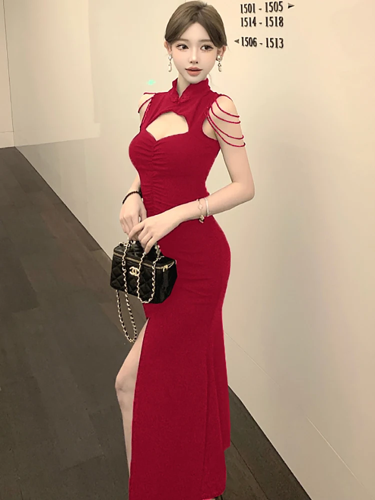 Feminino vermelho plissado bodycon oco para fora sexy vestido longo 2025 coreano vintage vestido de luxo verão elegante sem mangas vestido de baile