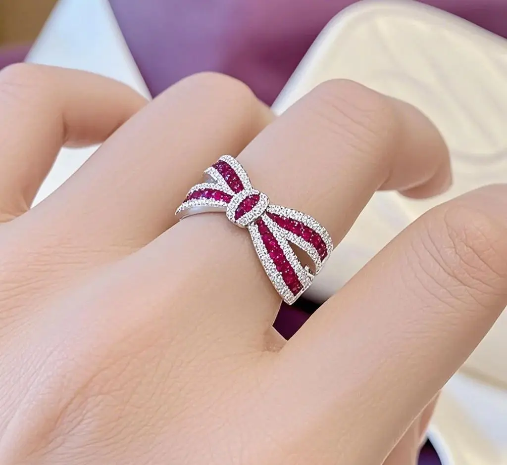 

Designer Luxury Bowknot 925 Sterling Silver Ruby Finger Band Rings Custom Real Gold Engagement Bridal Wedding High Fine Jewelry
