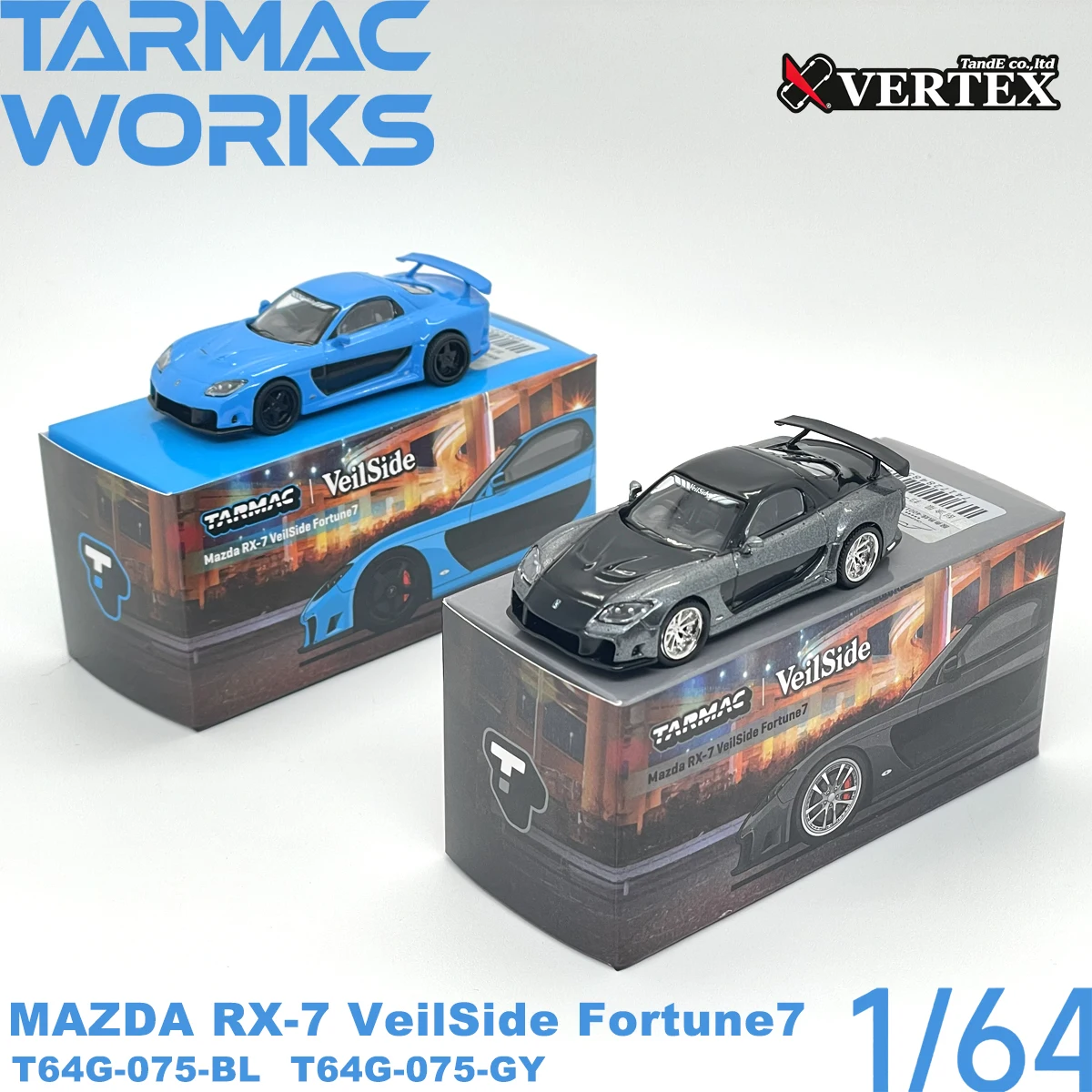 TARMAC WORKS 1:64 T64G‑075-BL/T64G-075-GY RX‑7 VeilSide Fortune7 Diecast Model LHD Wide Body Real Rubber Tires In Stock image 3