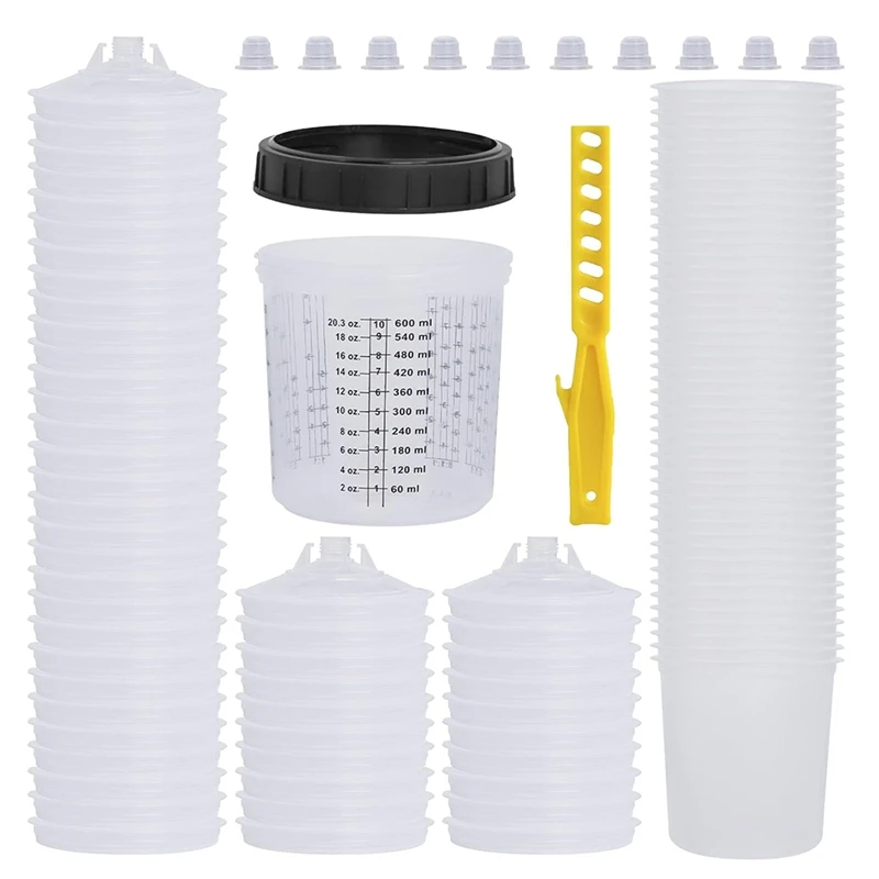 TOP Paint Spray Cup, 50 Cup Liners (20 Oz), 50 Lids With Filters, 10 Plugs, 1 Hard Cup, 1 Retaining Ring, 1 Stirring Stick