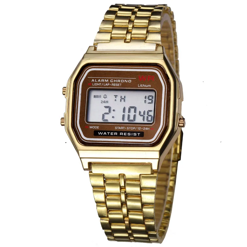 2PC Gold &  Stainless Steel Digital Alarm Stopwatch Wrist Watch Gift