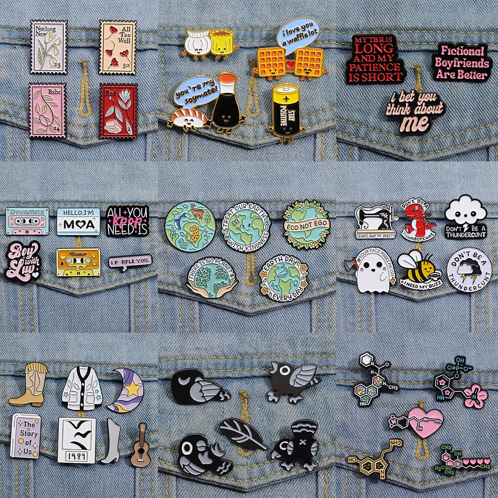 2-6pcs קריקטורה סיכת סט בול מכונת תפירה ענן פרח מכונת נעל קלטת אדמה חתול שחור מדע ציפור תג הפאנק סיכות תכשיטים