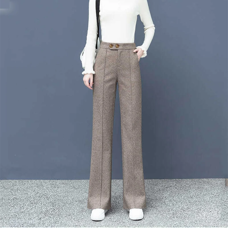 Big Size Thick Wool Blend Straight Pants Korean style Woolen Wide Leg Pants Womens Winter Casual New High Waist Loose Trousers