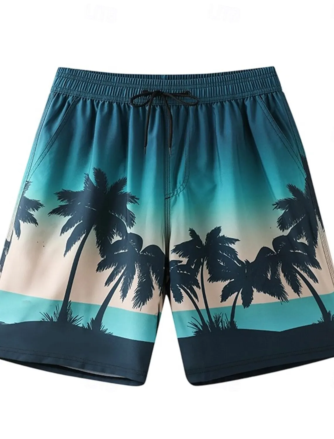 

Men's Spring Summer Gradient Palm Tree Print Drawstring Shorts, Casual Beach Vacation Printed Loose Fit Bottoms