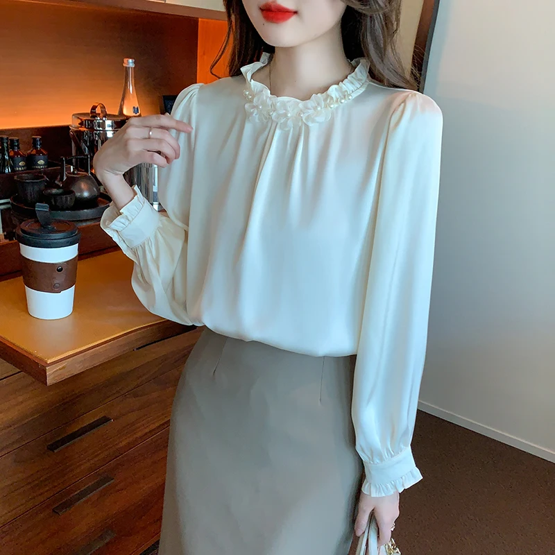 New Fashion Beading Stand Collar Chiffon Blouse Shirt Women Tops Blusas De Verano Mujer 2024 Long Sleeve Blouse Women Blusa G878