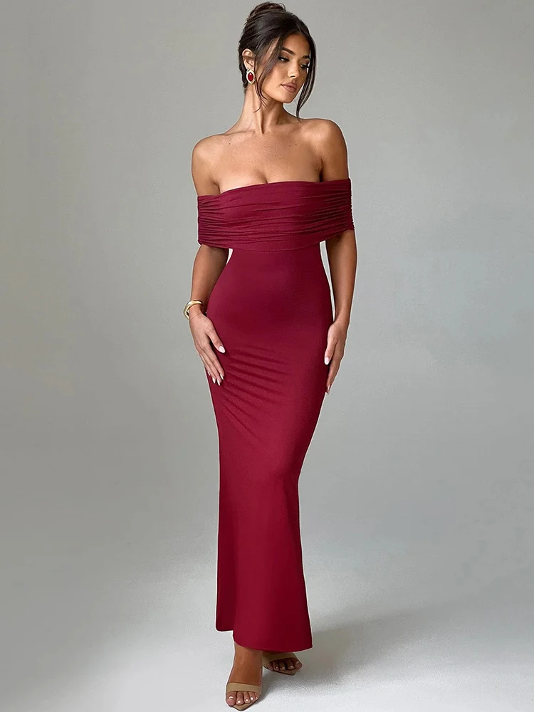 Mozision askısız Backless seksi Maxi elbise kadınlar için siyah katı off-omuz kolsuz Bodycon kulübü parti uzun elbise zarif