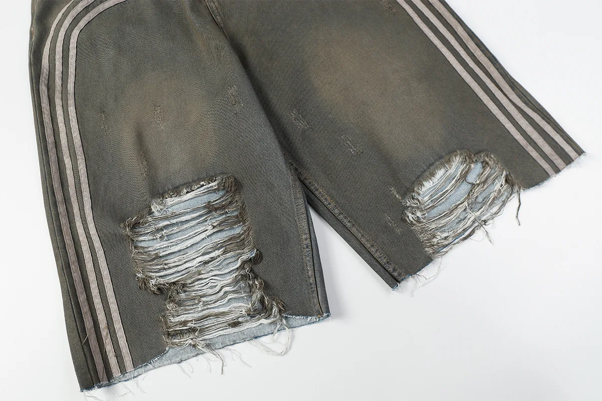 High Street Dark RO Men's Retro Trendy Dirty Dyed Washed Denim Shorts Loose Straight Leg Perforated Loose Cut Five Quarter Pants