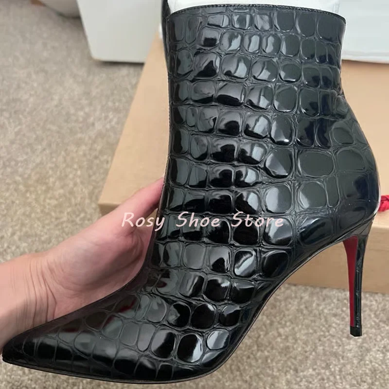Black Glossy Crocodile Leather Skin Striae Women's Trendy Short Boots Sexy Pointed Toe Stiletto Heel Side Zipper Ankle Boots