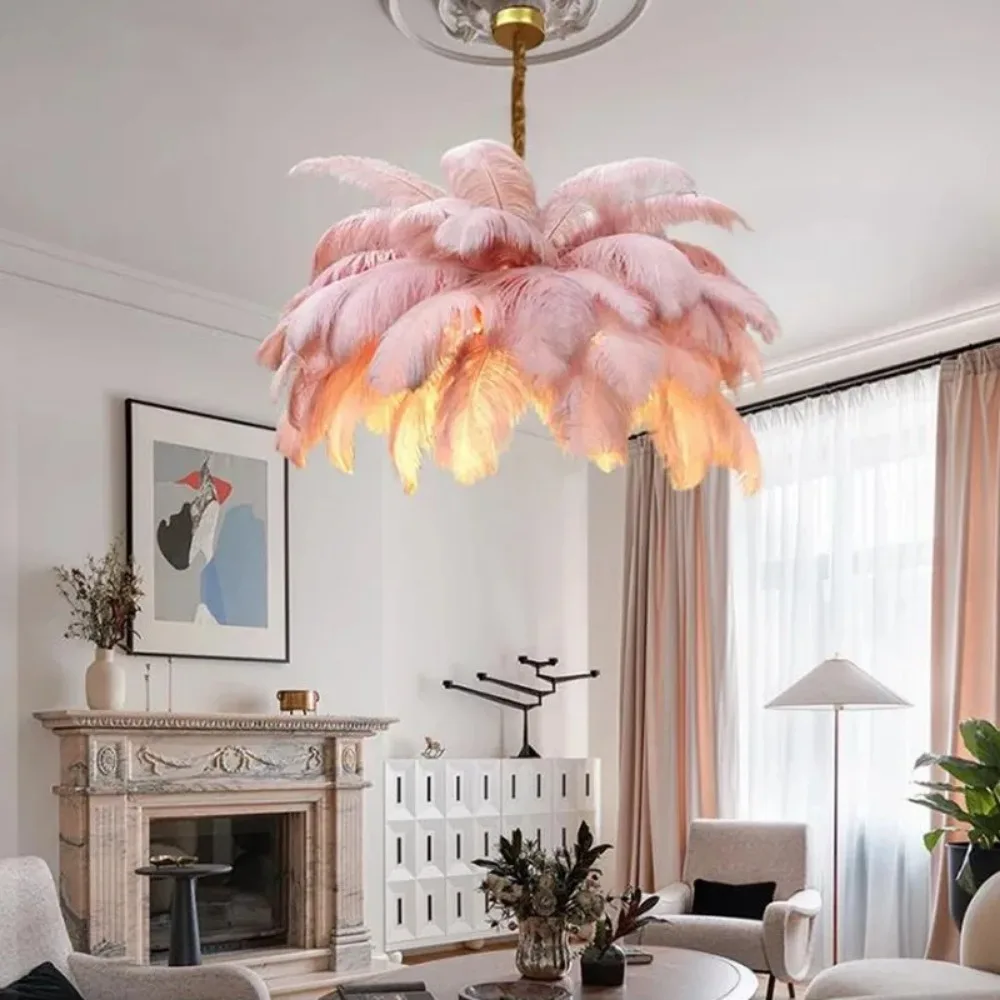 Nordic Ostrich Feather Pendant Lamp, Lâmpada de pena branca para sala de estar, Decoração do quarto das crianças, Iluminação interior