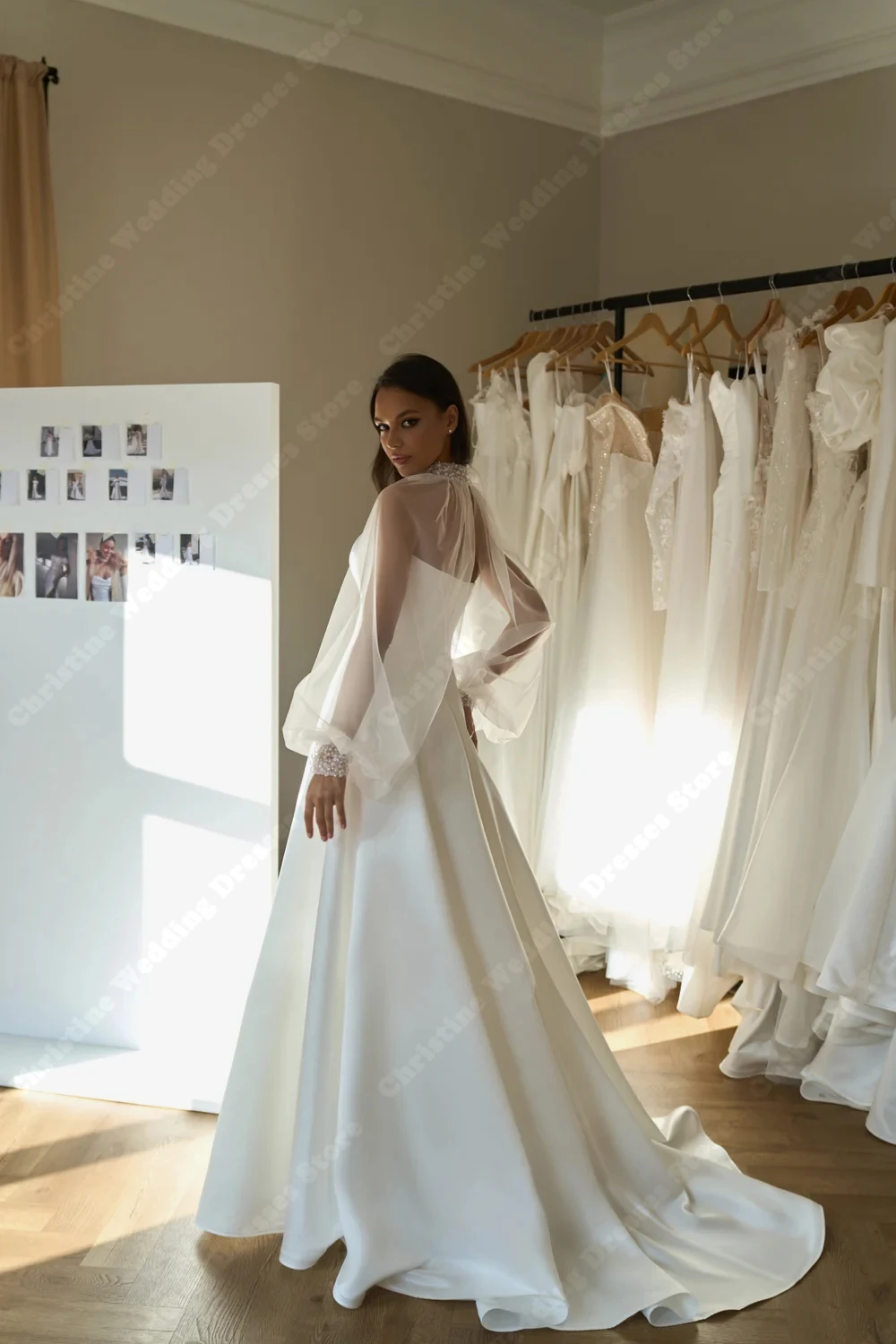 우아한 새틴 신부 드레스 미니멀리스트 패션 A라인 퍼프 튤 긴 소매 웨딩 드레스 연회용 베스티도 데 노비아 맞춤 제작