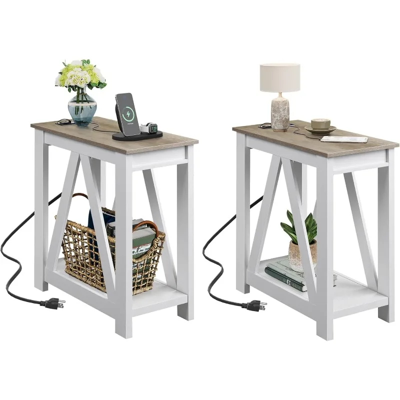 

Столы для гостиной из 2 шт. с зарядной станцией, приставные столики для дивана с открытой полкой для хранения, тонкий торцевой столик для фермерского дома