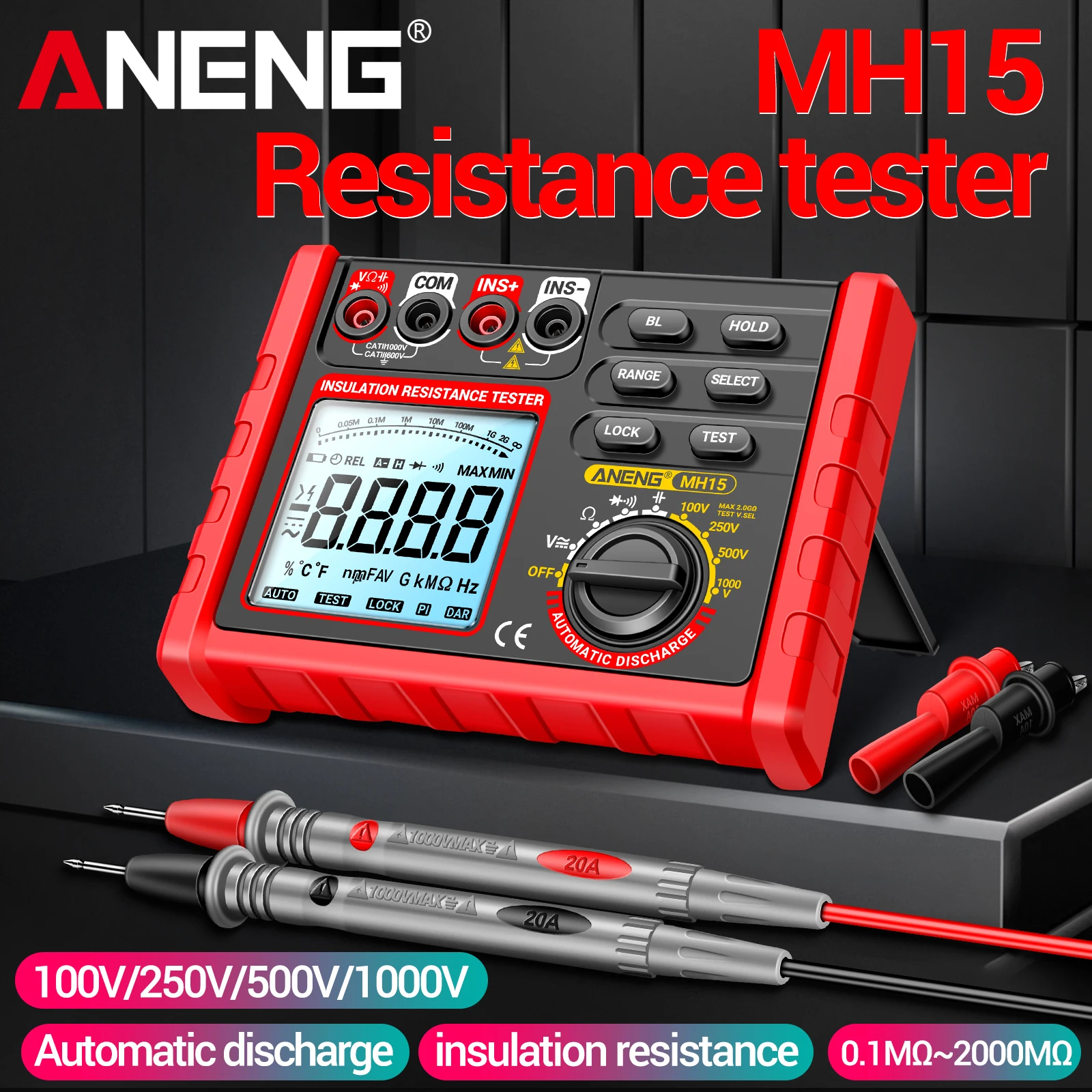 ANENG MH15 Digital Megohmmeter 100-1000V Insulation Tester with 6000 Counts AC/DC Voltage Capacitance Multimeter Auto Discharge