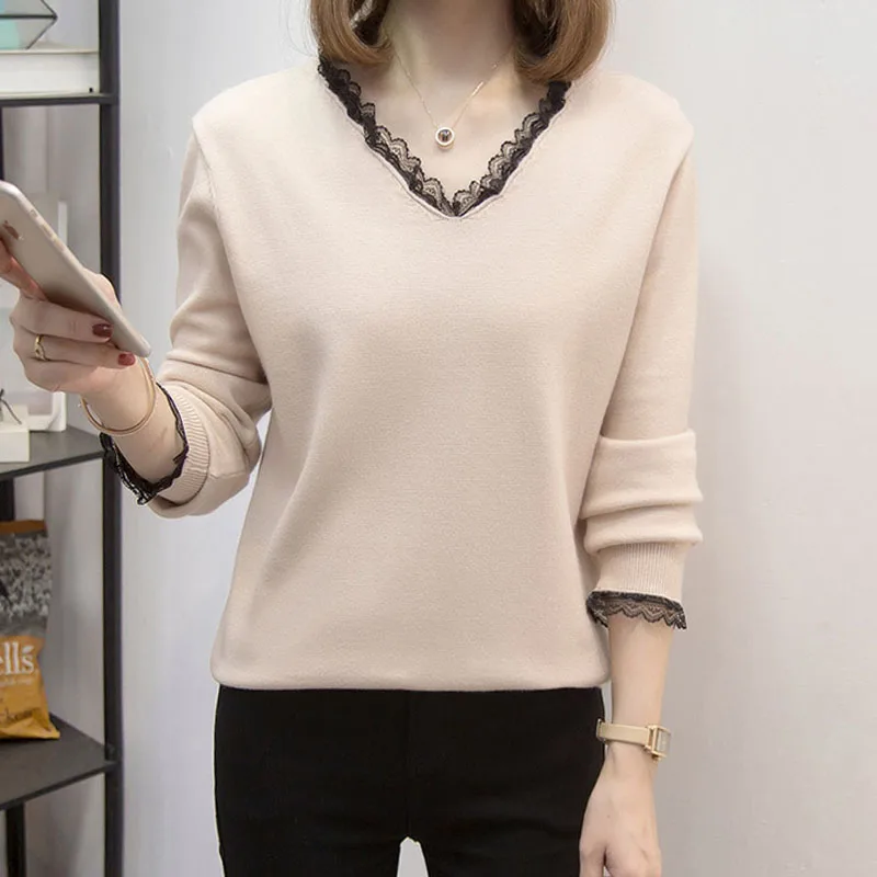 

Sueters De Mujer вязаный свитер с длинными рукавами, женские пуловеры, новый кружевной вязаный свитер с v-образным вырезом, пуловер, женские топы, трикотаж Q2697