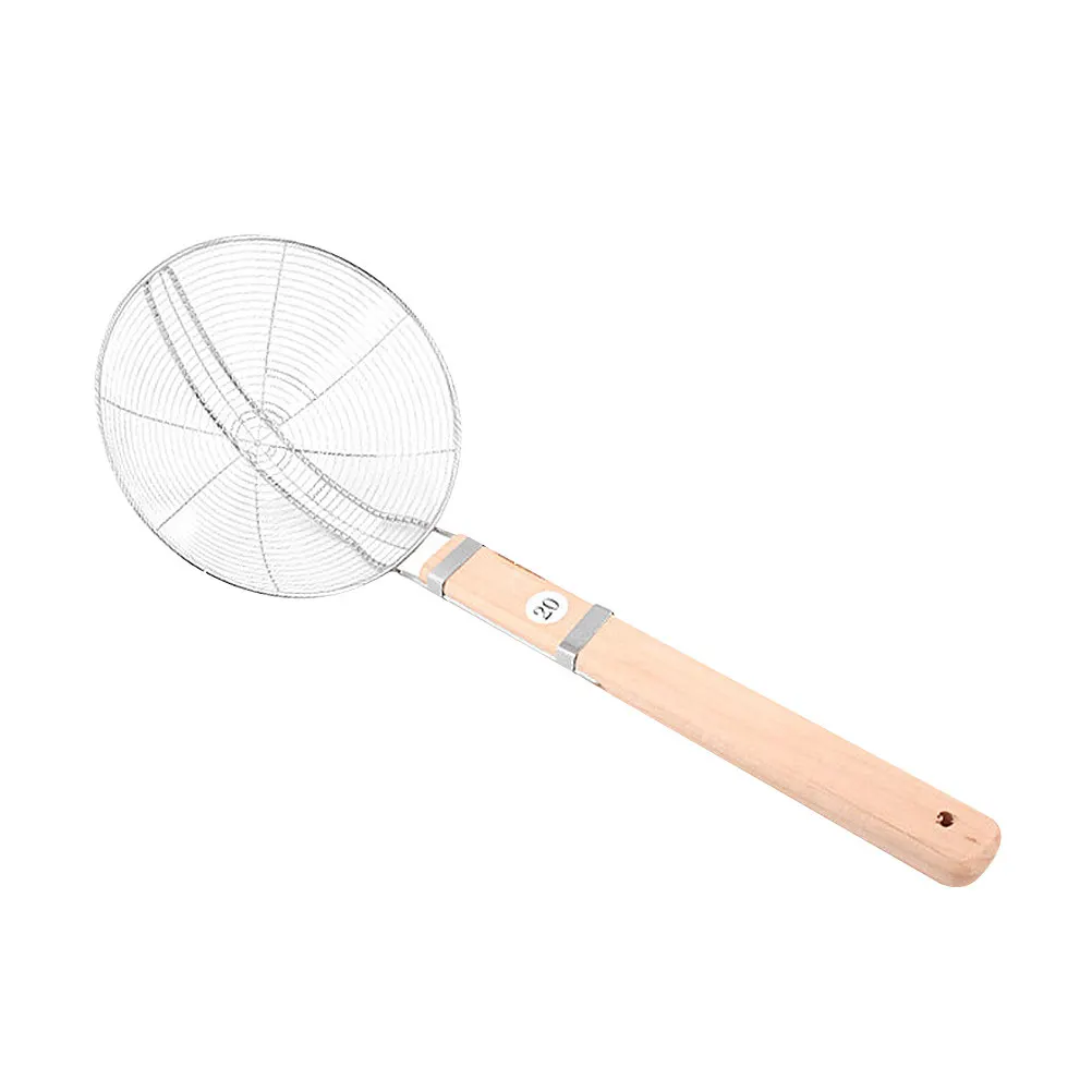 Colador de malla de alambre de acero inoxidable con mango ergonómico de madera largo para colar sopa, papas fritas, verduras y wontons.