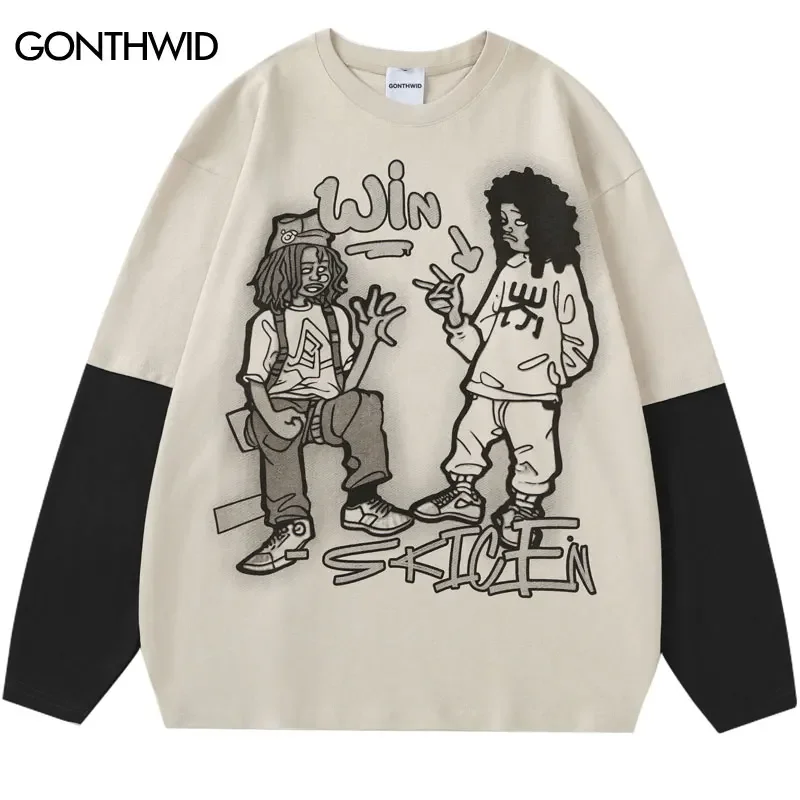 

Hip Hop 90s Oversized T-Shirt Y2K Harajuku Cartoon Graphic Print Long Sleeve Tshirt 2024 Men Patchwork Streetwear Loose Tee Tops