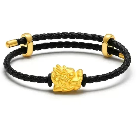 

24k pure gold dragon charms bracelet for couples 999 real gold charms black leather string