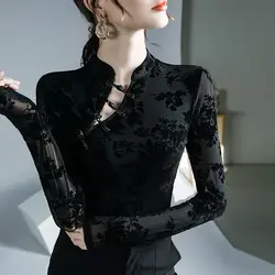 2026 women Chinese vintage base shirt sexy lace top national ethnic velvet shirt oriental retro tang suit traditional OL shirt
