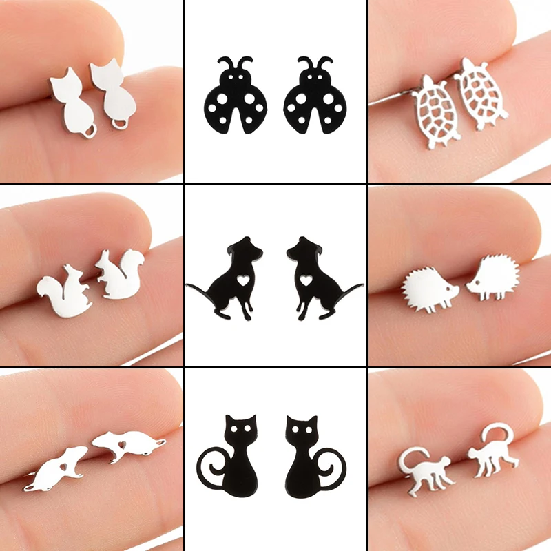 Mini Cartoon Stainless Steel Squirrel Insects Earring Hedgehog Monkey Ear Jewelry Girls Mouse Turtle Earrings Gifts Accessories