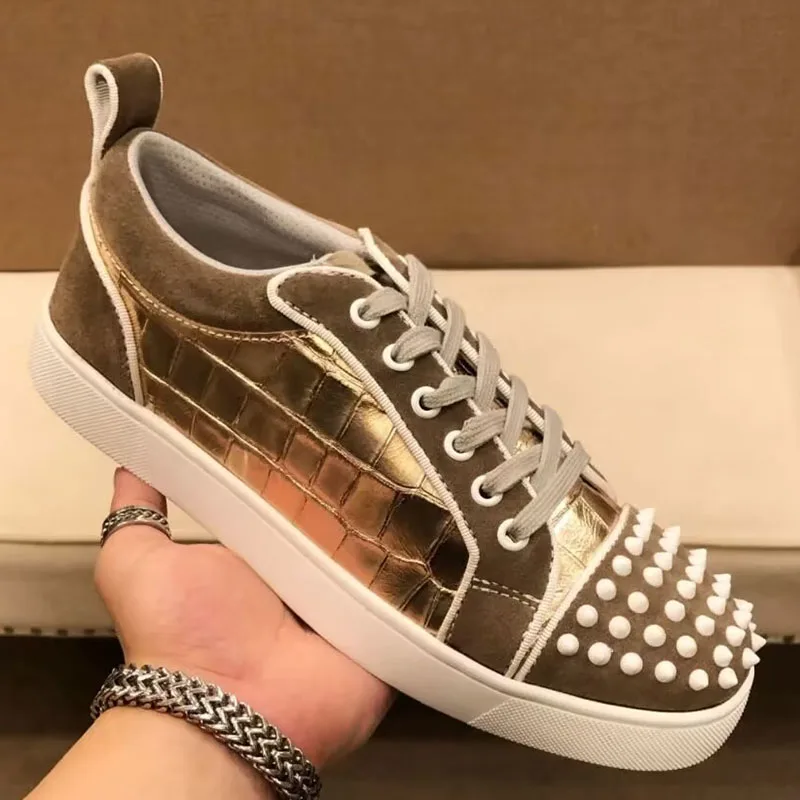 men\'s casual singer DJ stage dress studded shoes gold original leather rivets shoe flats sneakers brand designer trendy footwear