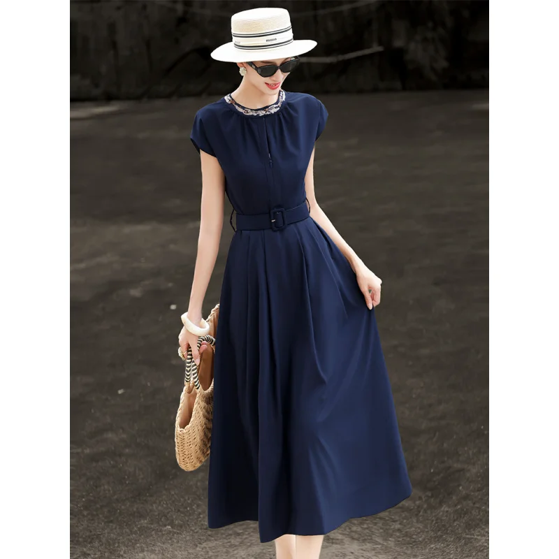 MEXCOCO 2026Summer new stylish commuter dress with round neck, beaded details, and waist-tie