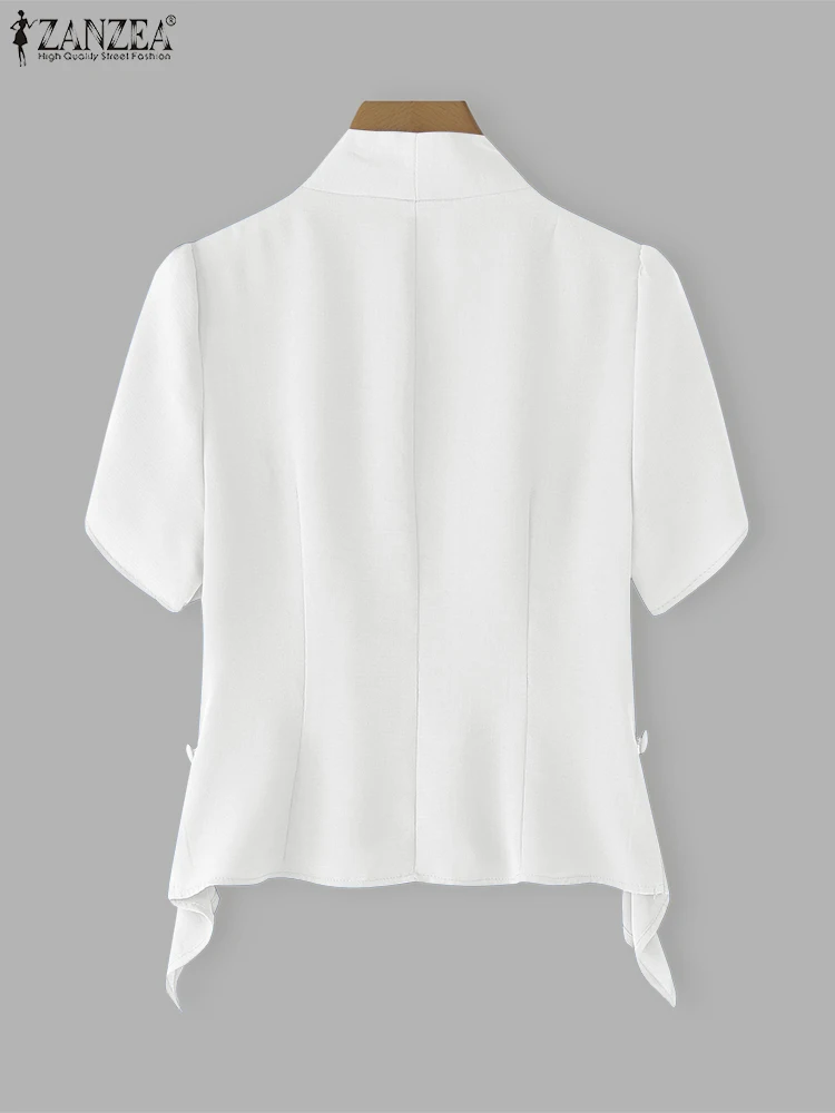 Frauen Rüschen Tops Kurze Puff Sleeve OL Arbeit Tunika Asymmetrie Tasten Casual V-ausschnitt Blusas ZANZEA 2025, Mode Shirts Übergroßen