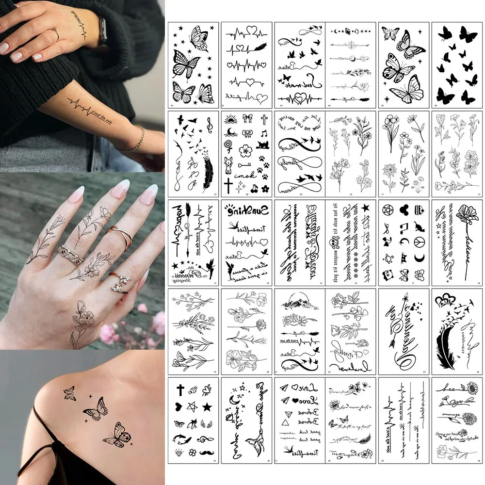 30pcs Waterproof Temporary Tattoo Sticker Butterfly Ring Tropic Feather Cross Flower Heart Line Body Art Arm Fake Tato Women Men