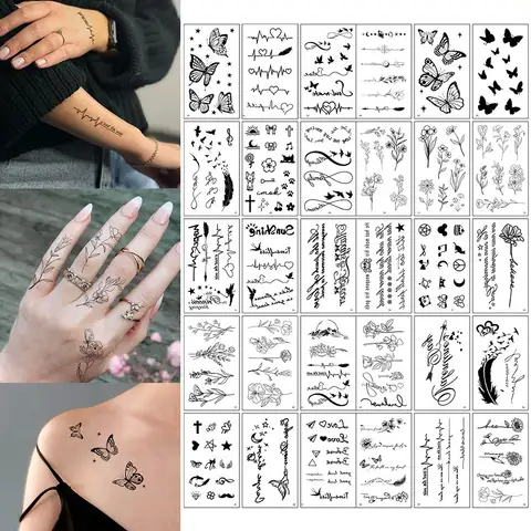 30 pçs à prova dwaterproof água tatuagem temporária adesivo borboleta anel tropical pena cruz flor coração linha arte corporal braço falso tato feminino