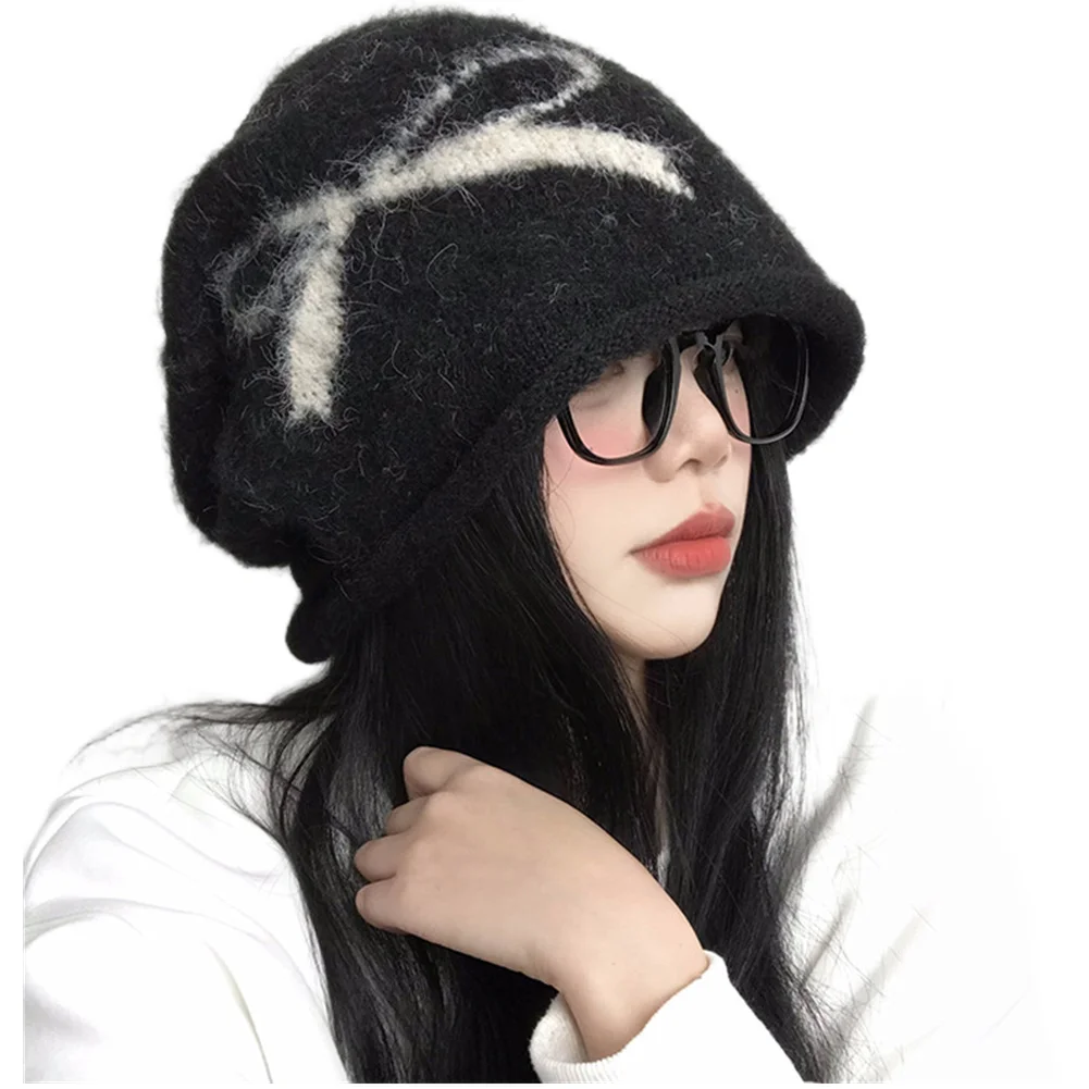 Women Knitted Bow Tie Slouchy Hat for Big Head Winter Wool Dome Hat One Size Fits Black Coffee Gray White Women