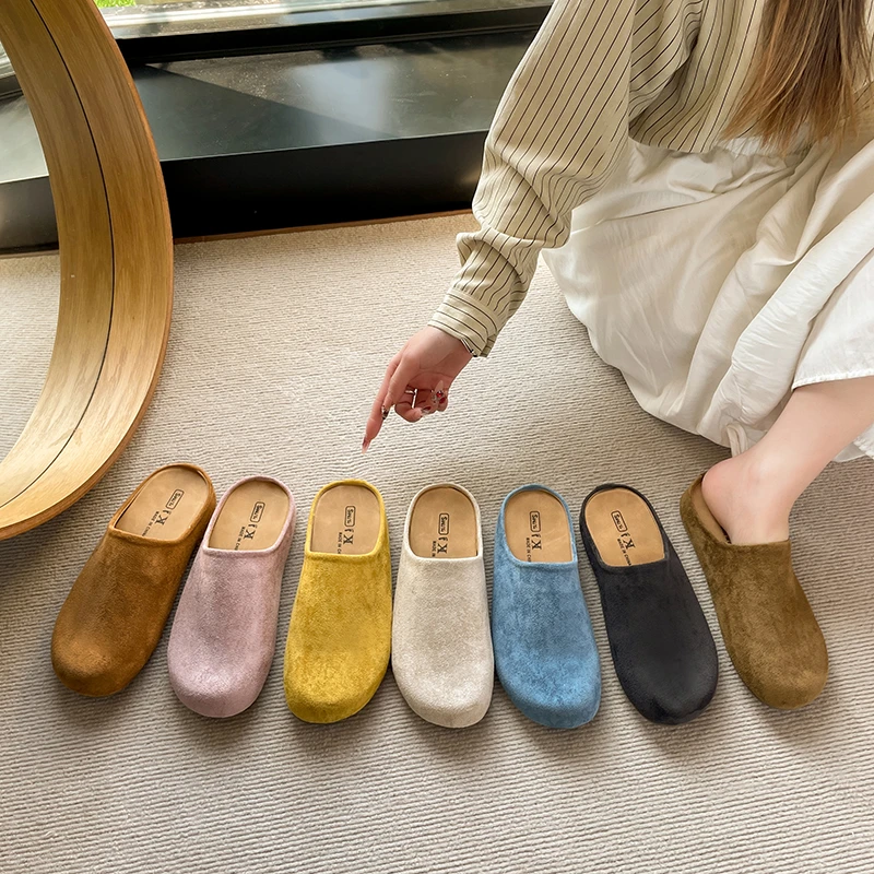 

Designer Women's Closed Toe Slippers Suede Leather Clogs Retro Garden Mule Clog Slides Ballerin Mary Jane Shoes Soft Flat Heel