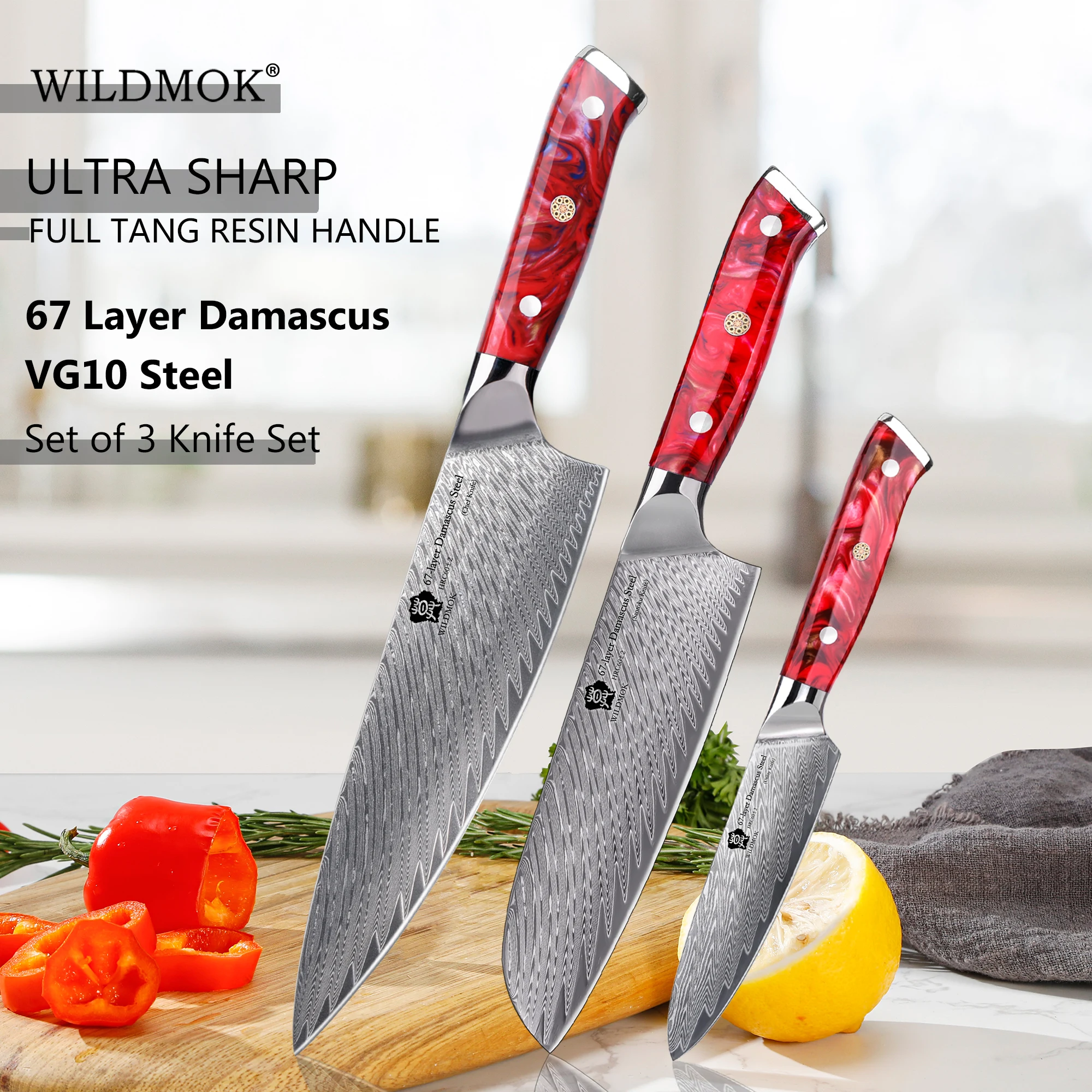 

WILDMOK Set of 3 PCS Professional Damascus VG10 Steel Kitchen Chef Knife Set ,Ergonomic Resin Handle Elegant Gift Box