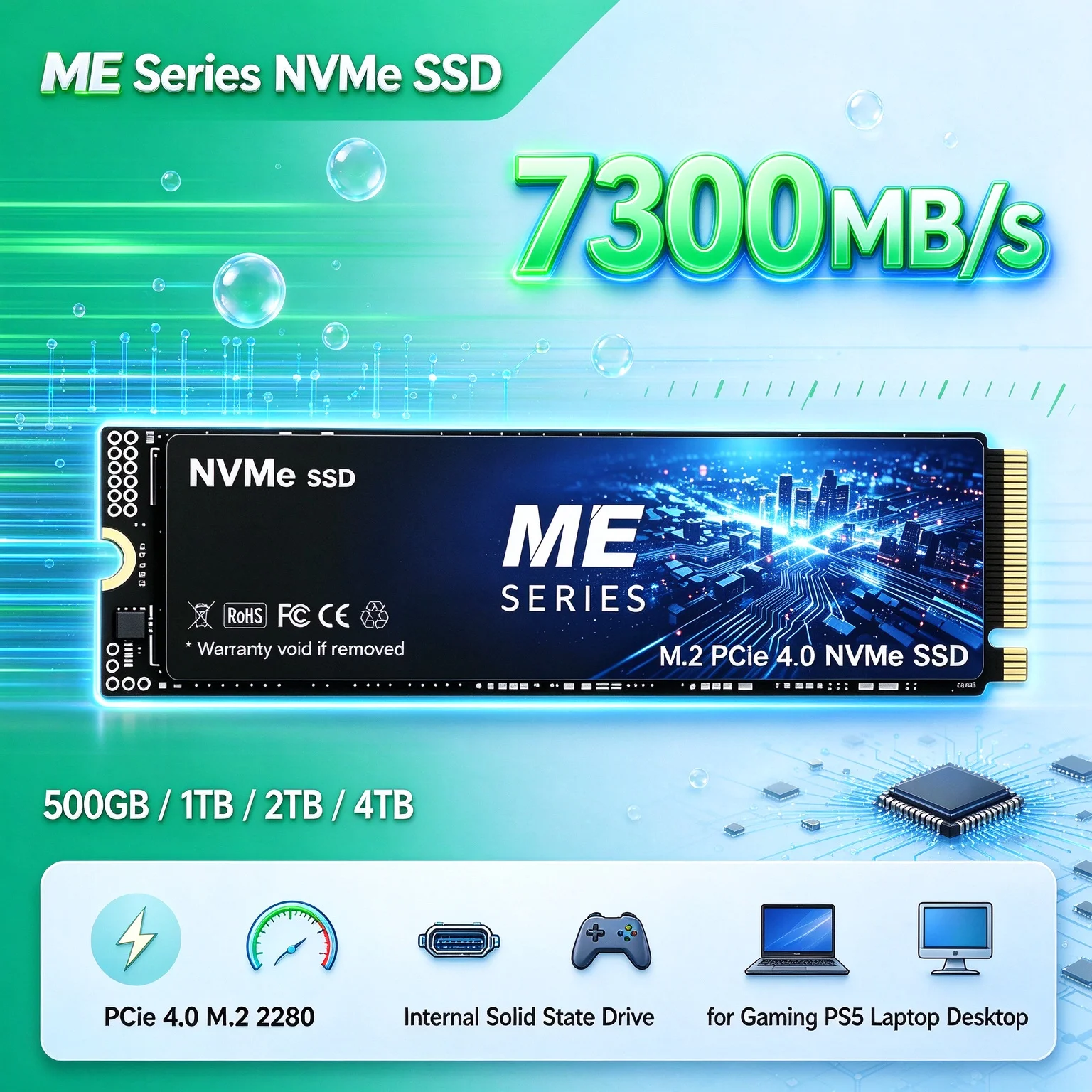 PCIe 4.0 NVMe M.2 SSD ME Series for Gaming Laptop, Desktop Computer PS5 Console 1TB 2TB 4TB Capacity Upgrade 7300MB/s Read