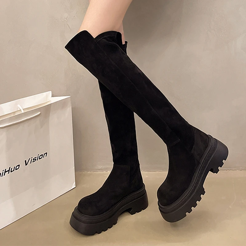 المرأة أحذية عالية الشقق منصة أحذية مصممين موضة فستان من جلد الغزال الشتاء بوتاس 2025 الاتجاه الجديد عادية الدافئة Mujer تشيلسي الأحذية