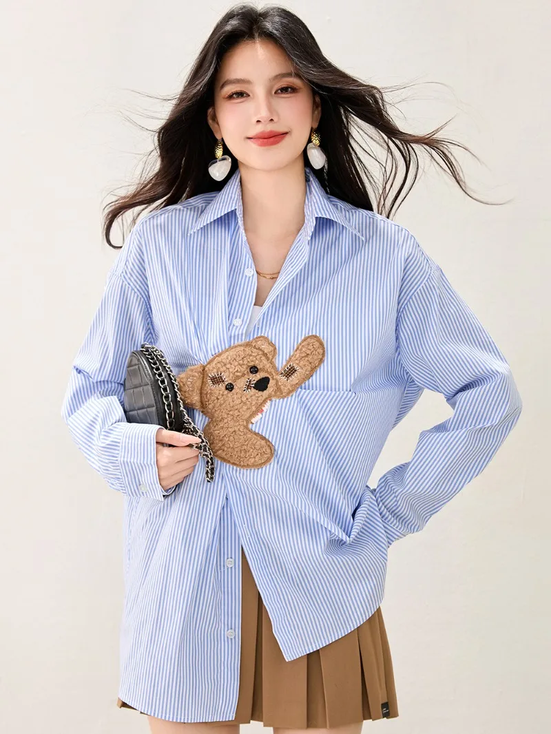 Blue Striped Bear Pattern Patchwork Long Sleeved Shirt Women 2025 New Autumn Vintage Korean Style Loose Casual Blouses Chic Tops