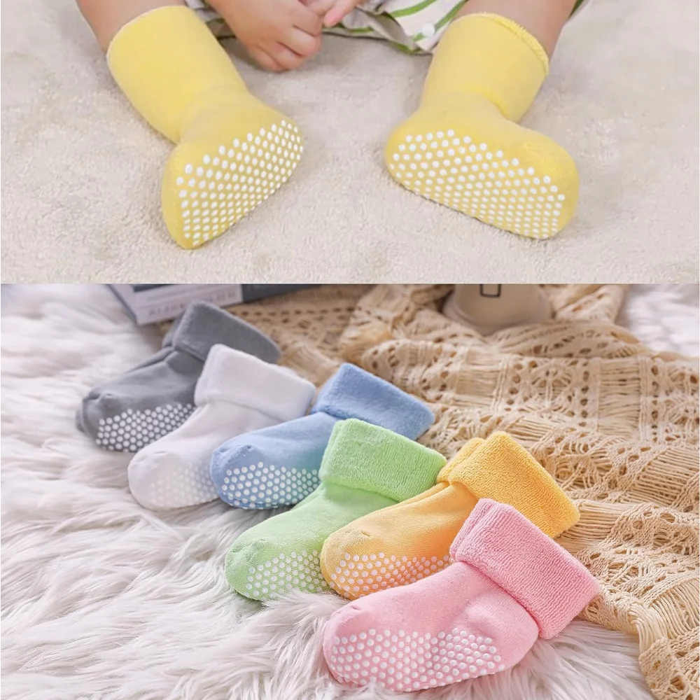 6pcs Baby Boys Girls Grips Socks Infant Toddlers Kids Non Slip Warm Thick Cotton Ankle Crew Socks with Grippers Christmas gift