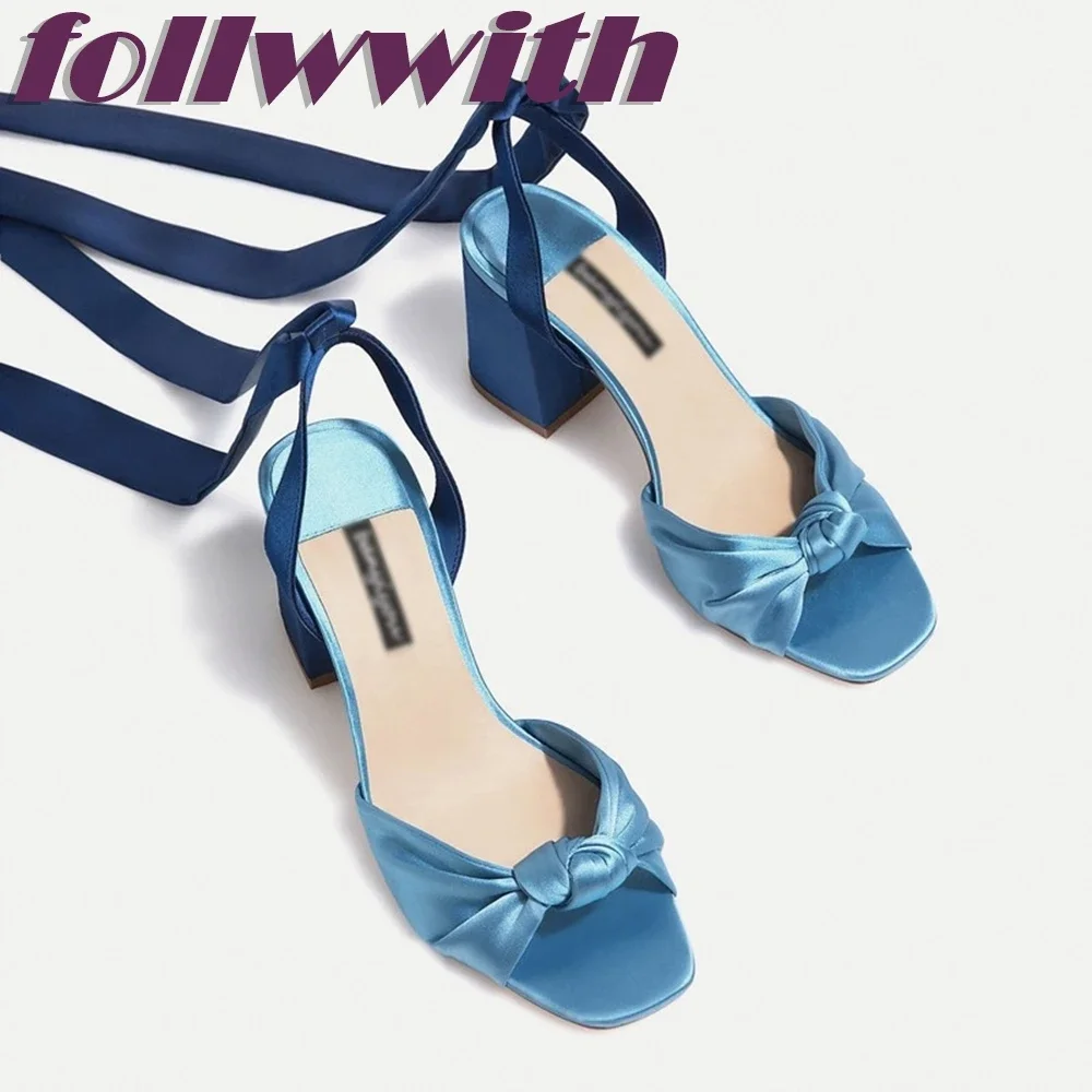 

Silk Knot Lace Up Sandals Cross Tied Ankle Wrap Chunky Heel Concise Round Toe Party 2026 New Arrival Summer Woman Shoes