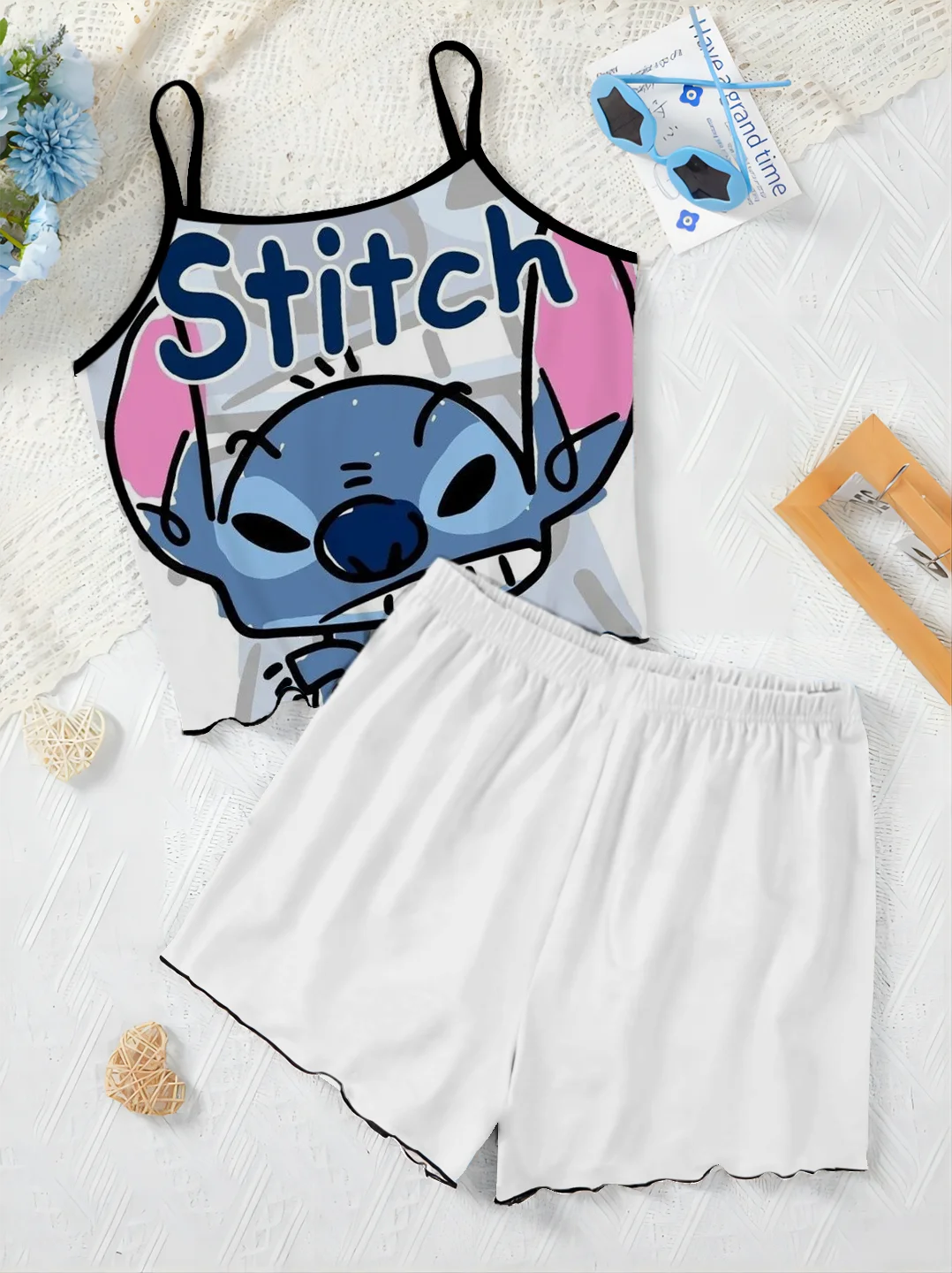 Pyjama Rock elegante 2-teilige Sets für Frauen Disney Home Kleid Top Salat Trim Damen Anzug Stich T-Shirt Stücke kurzen Luxus