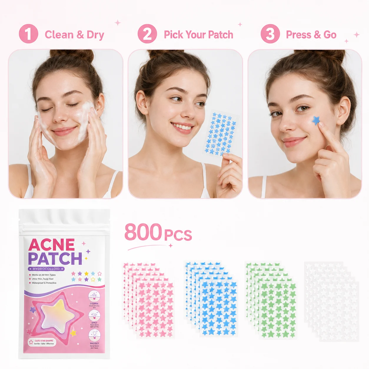 800PCS Colorful Star Pimple Patches Hydrocolloid Stickers Cute Blemish Cover Face Care Accessories Daily Skin Routine